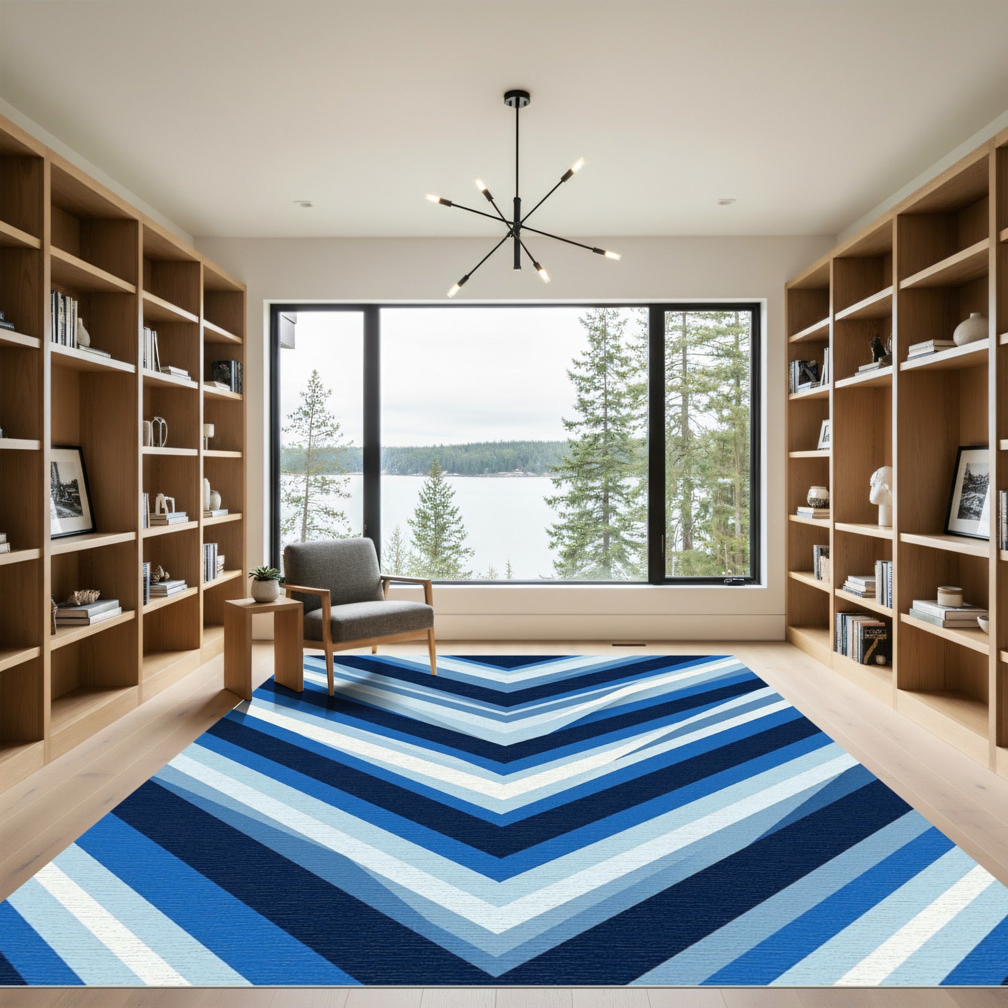 Modern Navy Blue Chevron Stripe Rug
