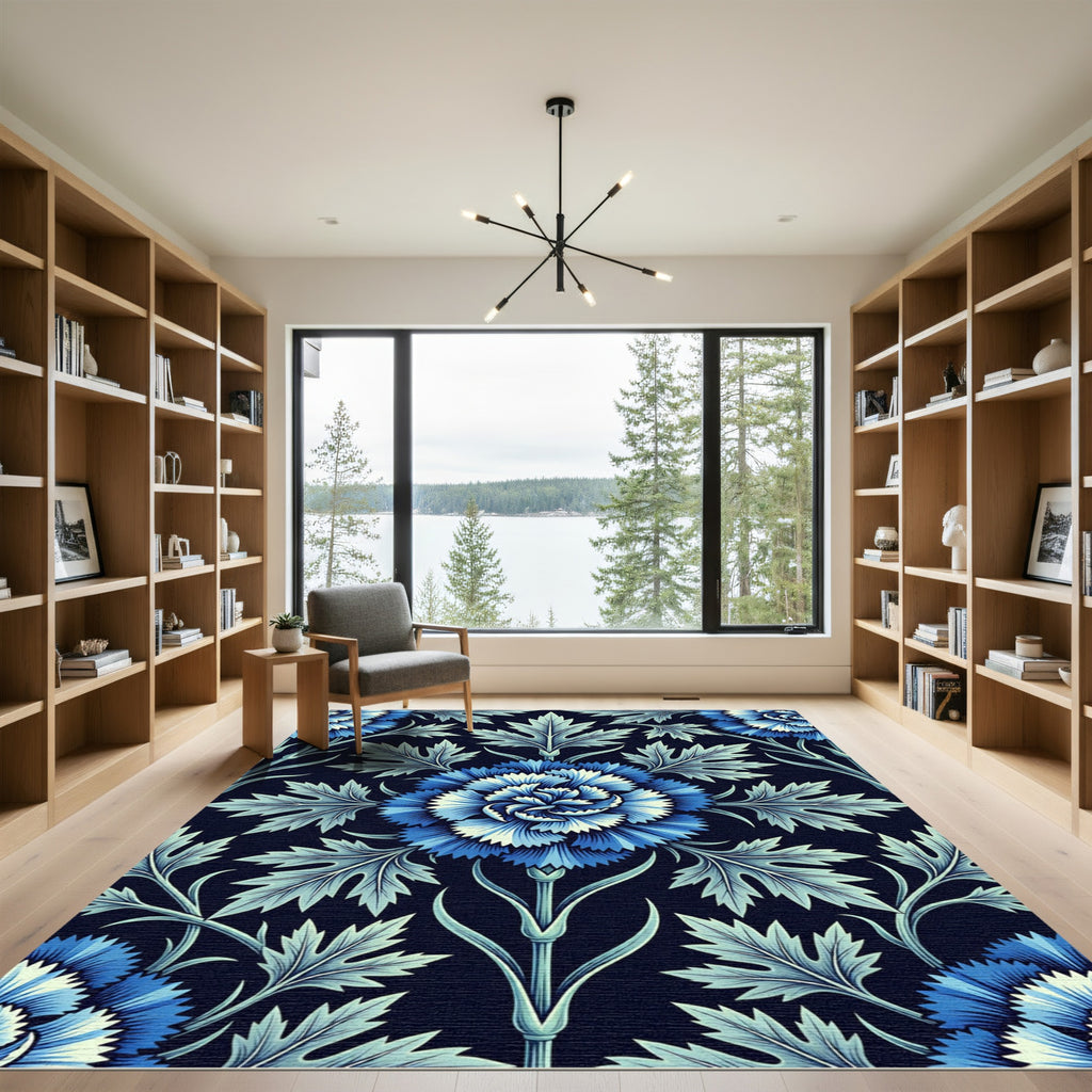 Deep Blue Floral Nature Aesthetic Rug