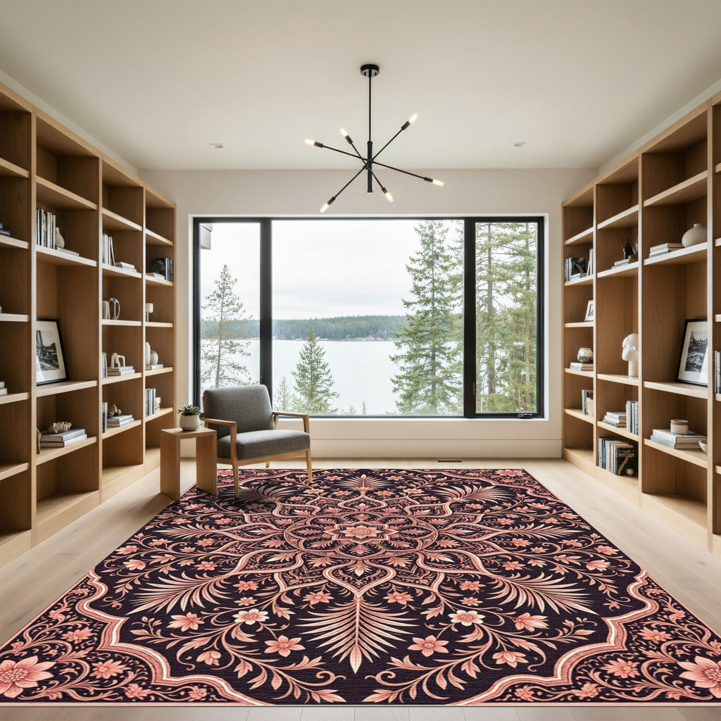 Coral Floral Medallion Dark Intricate Rug