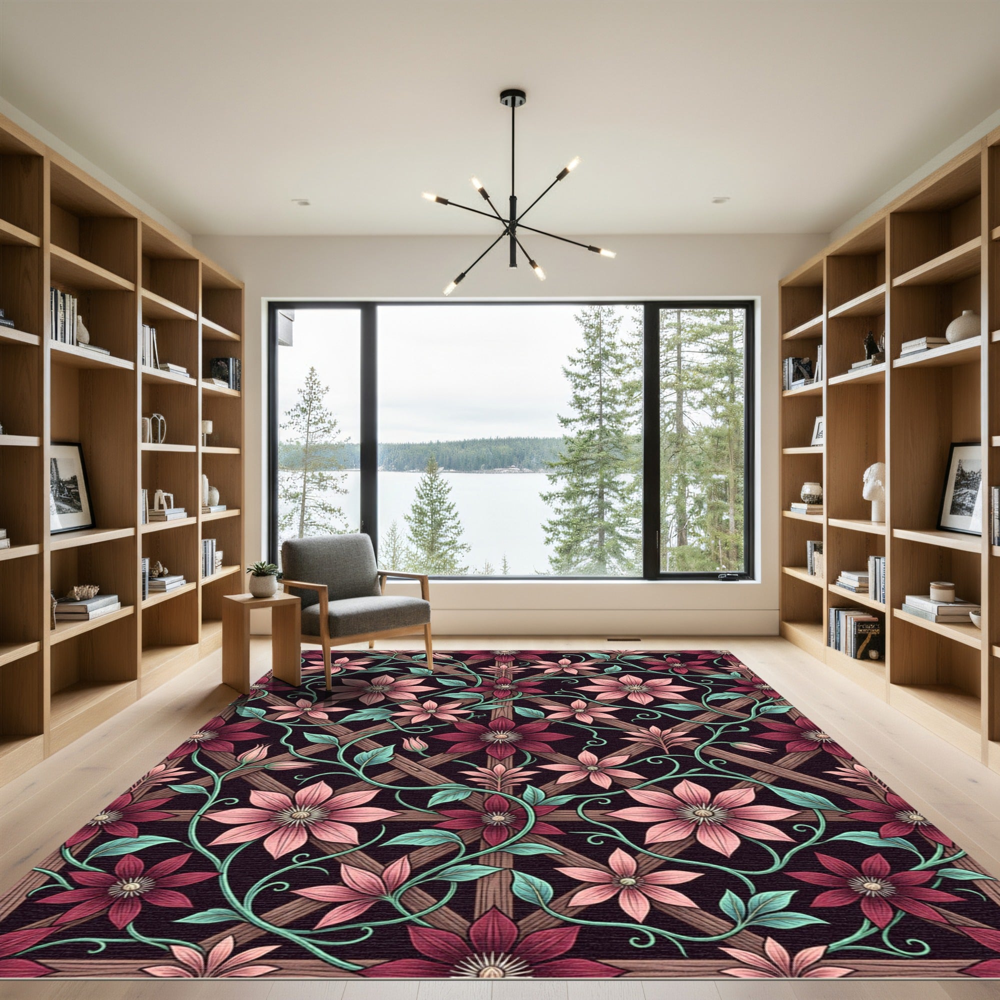 Elegant Pink Clematis Floral Lattice Rug
