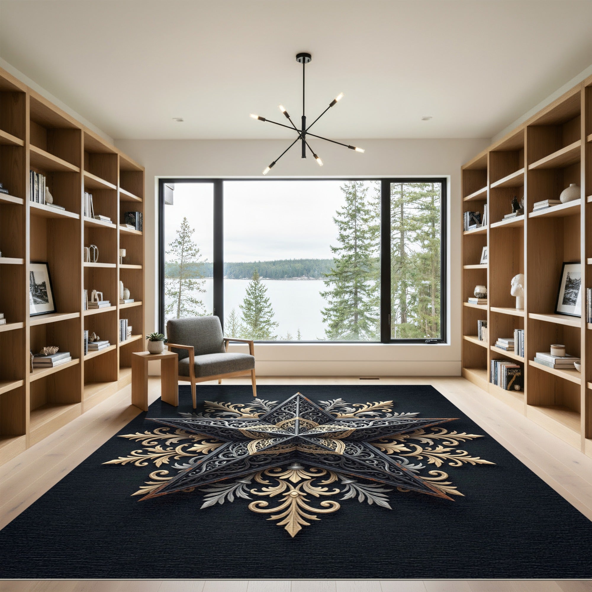 Ornate Golden Silver Star Mandala Rug