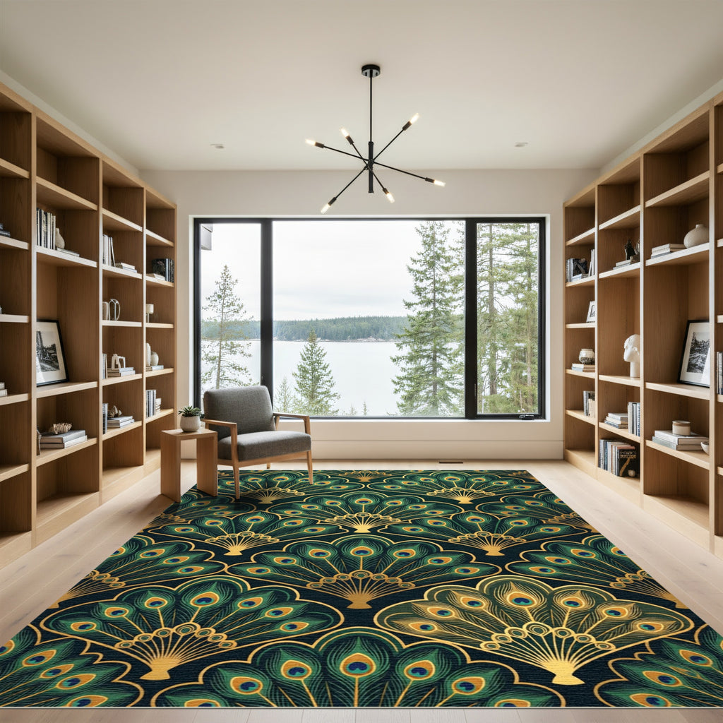 Elegant Emerald Peacock Fan Art Deco Rug