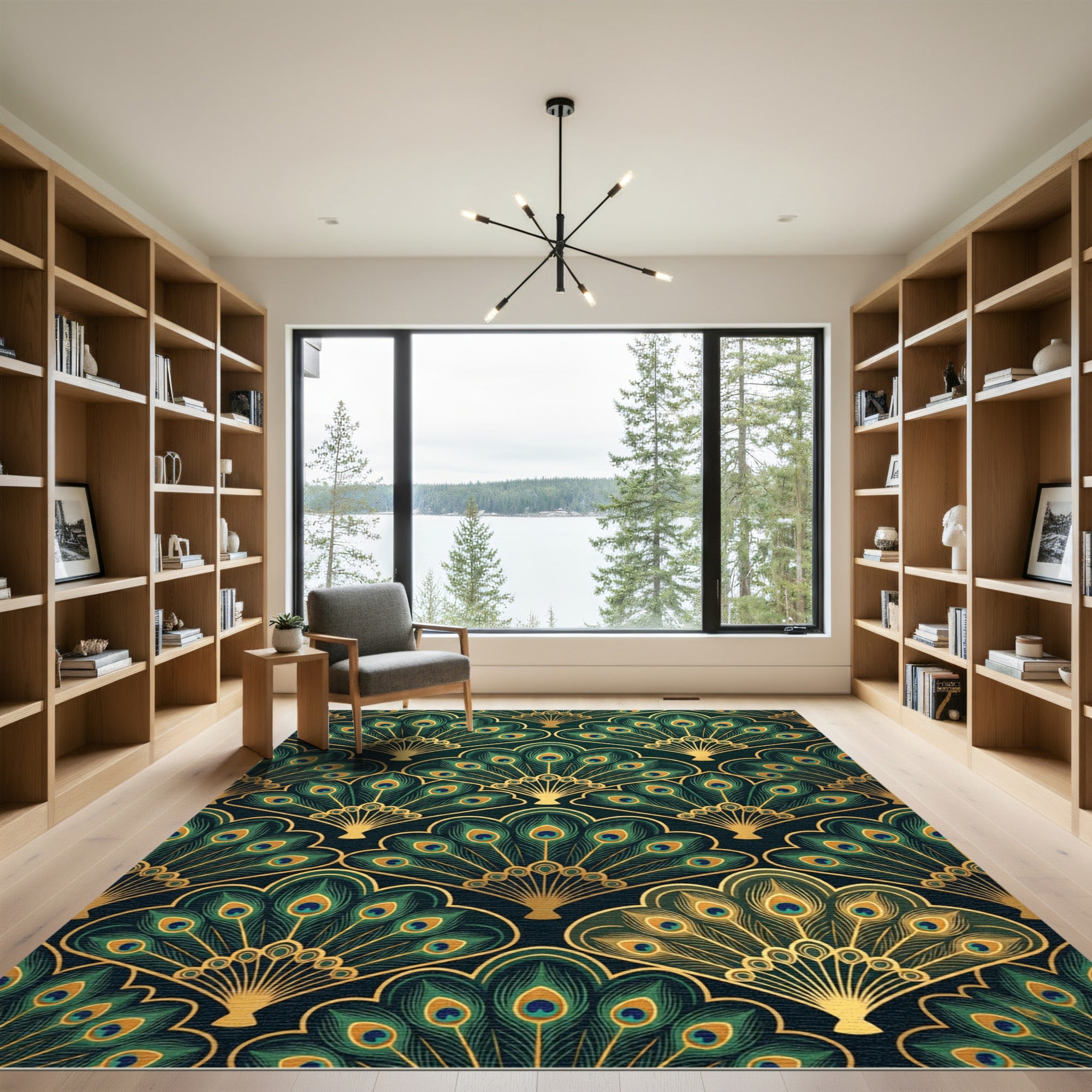 Elegant Emerald Peacock Fan Art Deco Rug