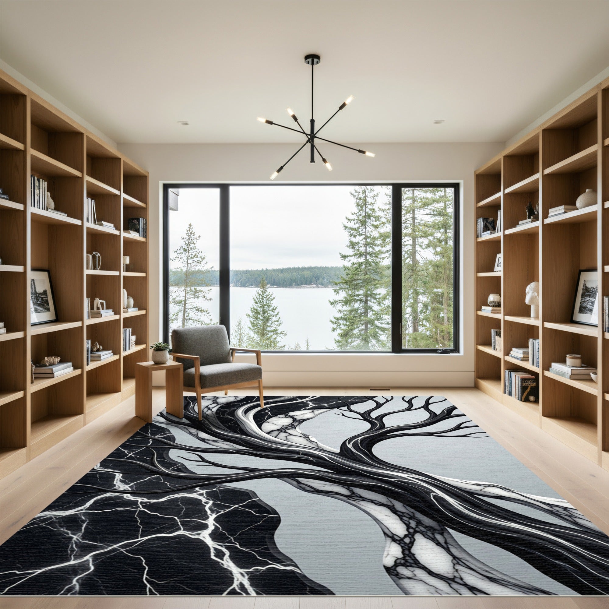 Monochrome Marble Vein Abstract Tree Art Rug