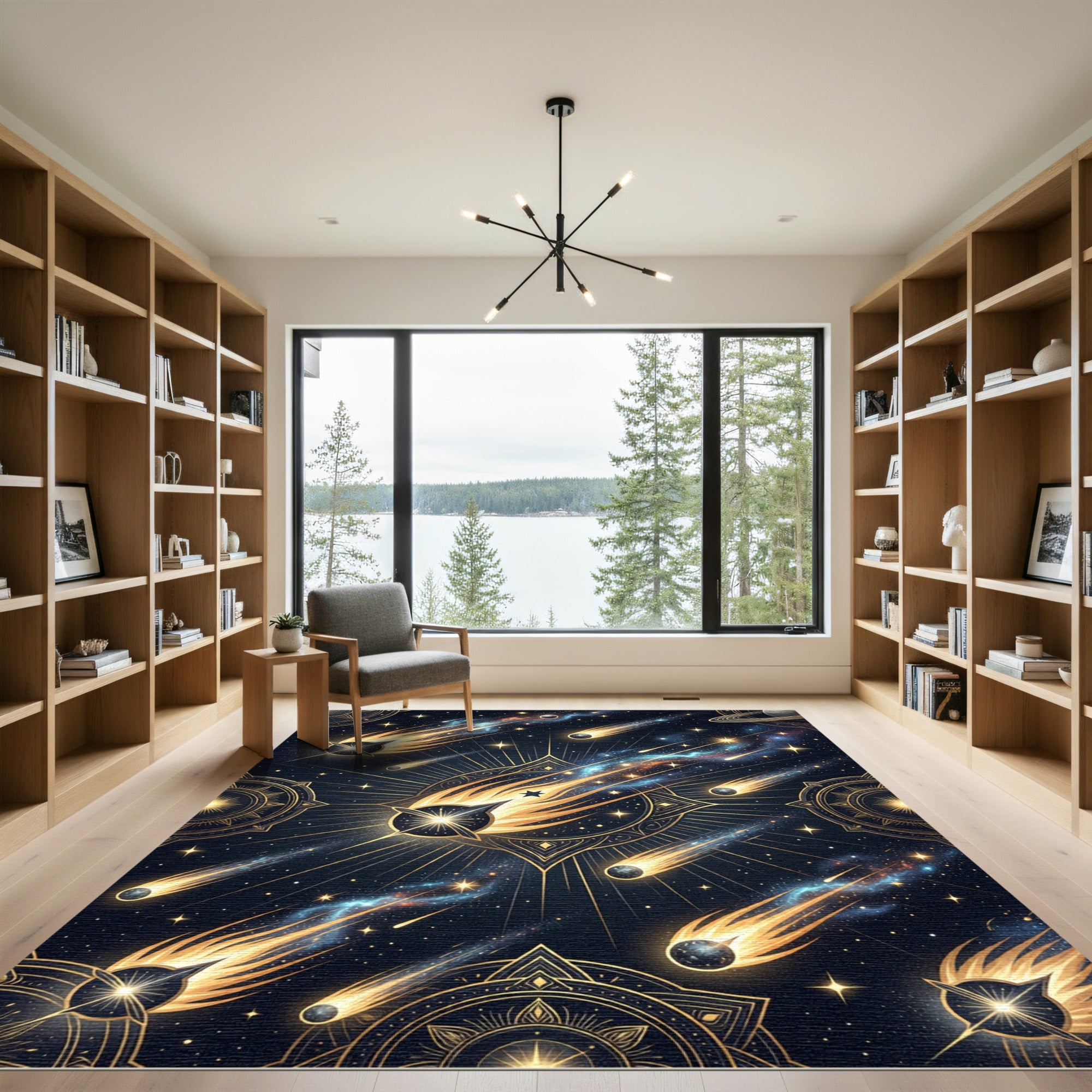 Celestial Gold Comet Galaxy Night Sky Rug