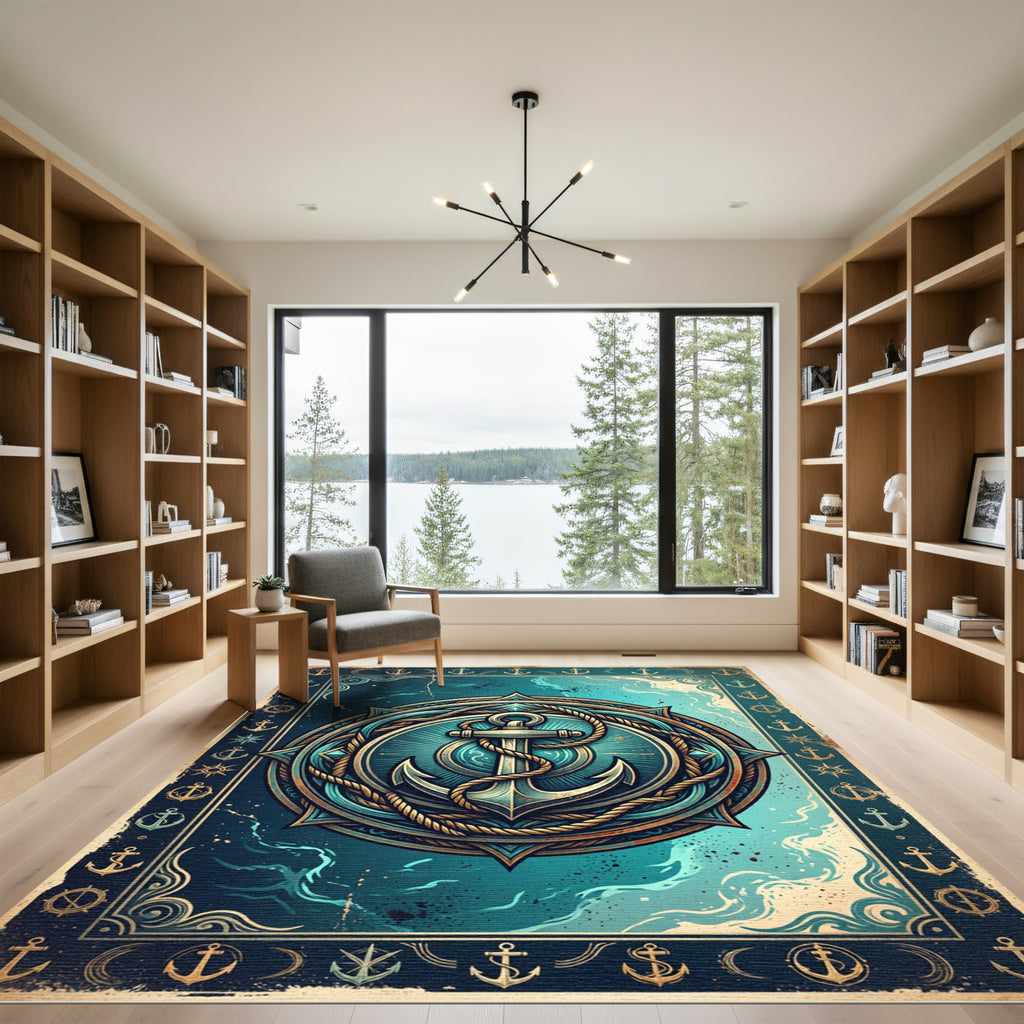 Vintage Nautical Anchor Compass Medallion Rug