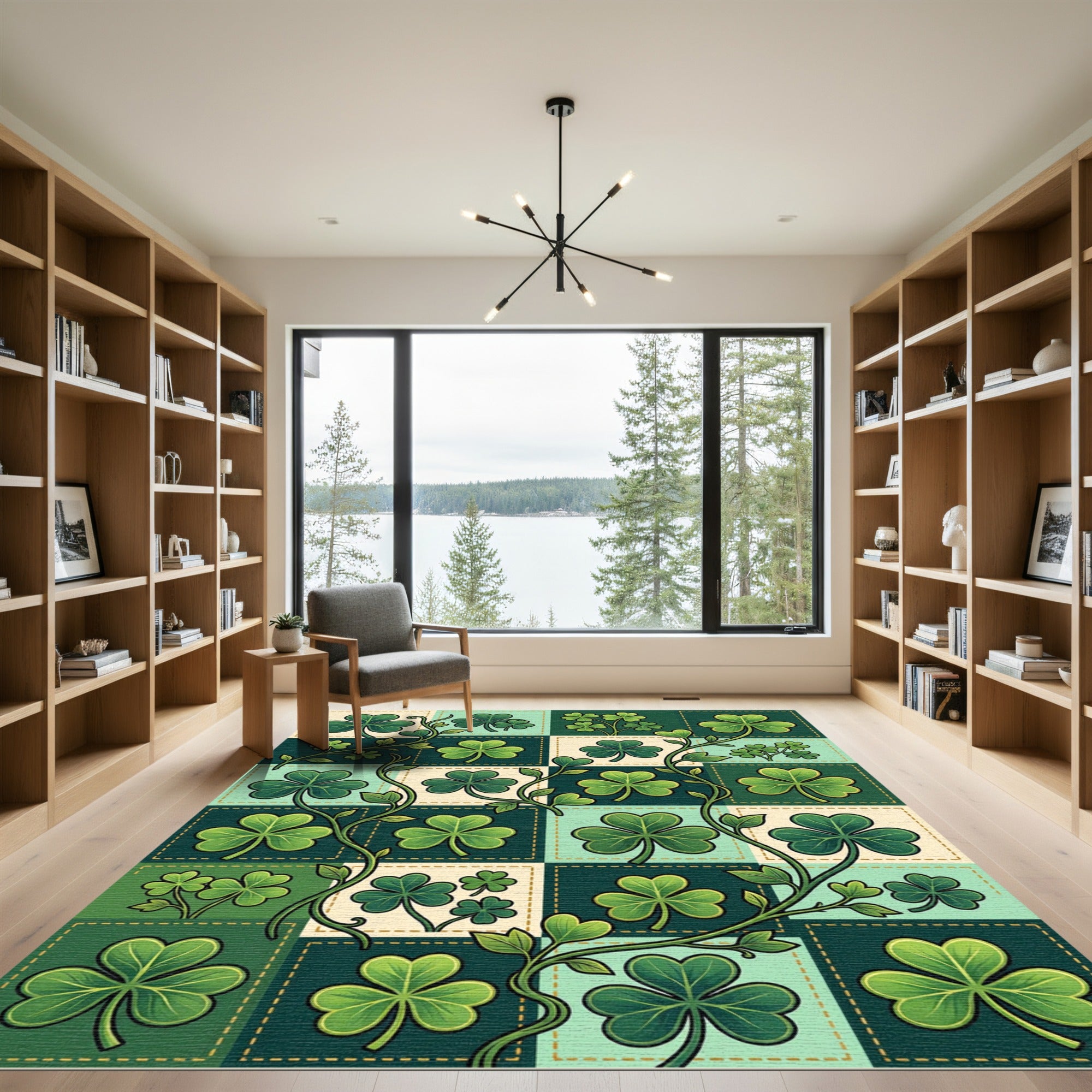 Emerald Clover Vine Patchwork Grid Rug