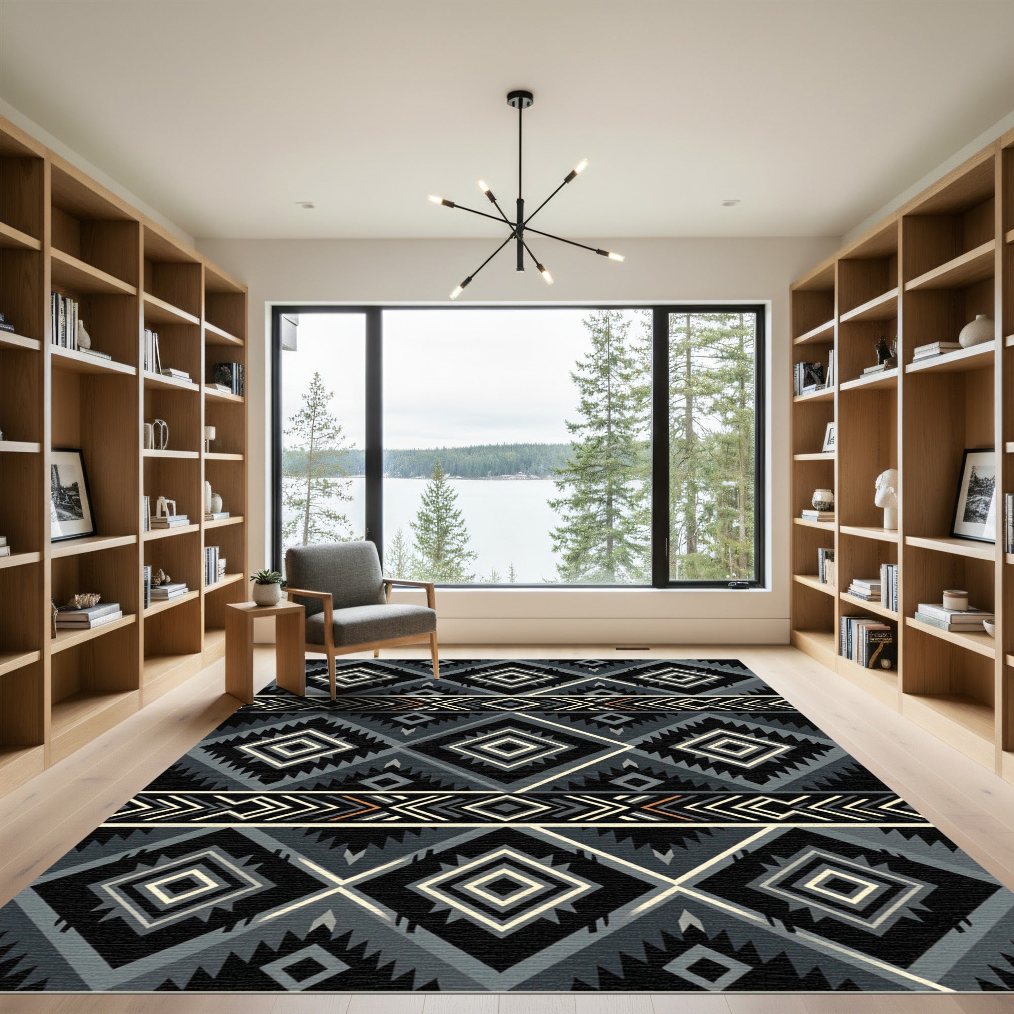 Tribal Diamond Black Gray Cream Rug