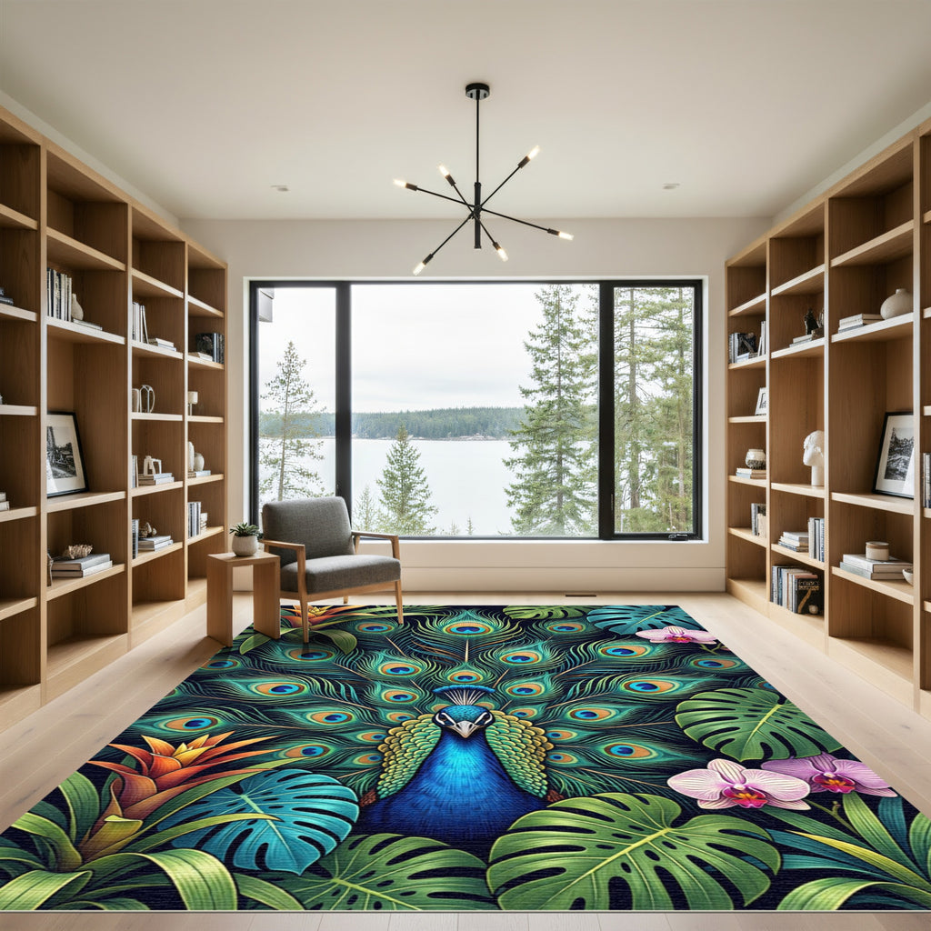 Exotic Peacock Feathers Tropical Floral Art Rug