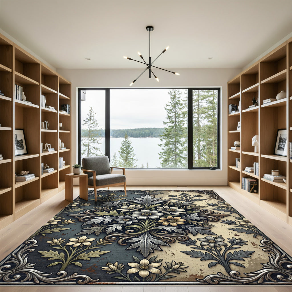 Elegent Dual Tone Floral Scroll Tapestry Rug