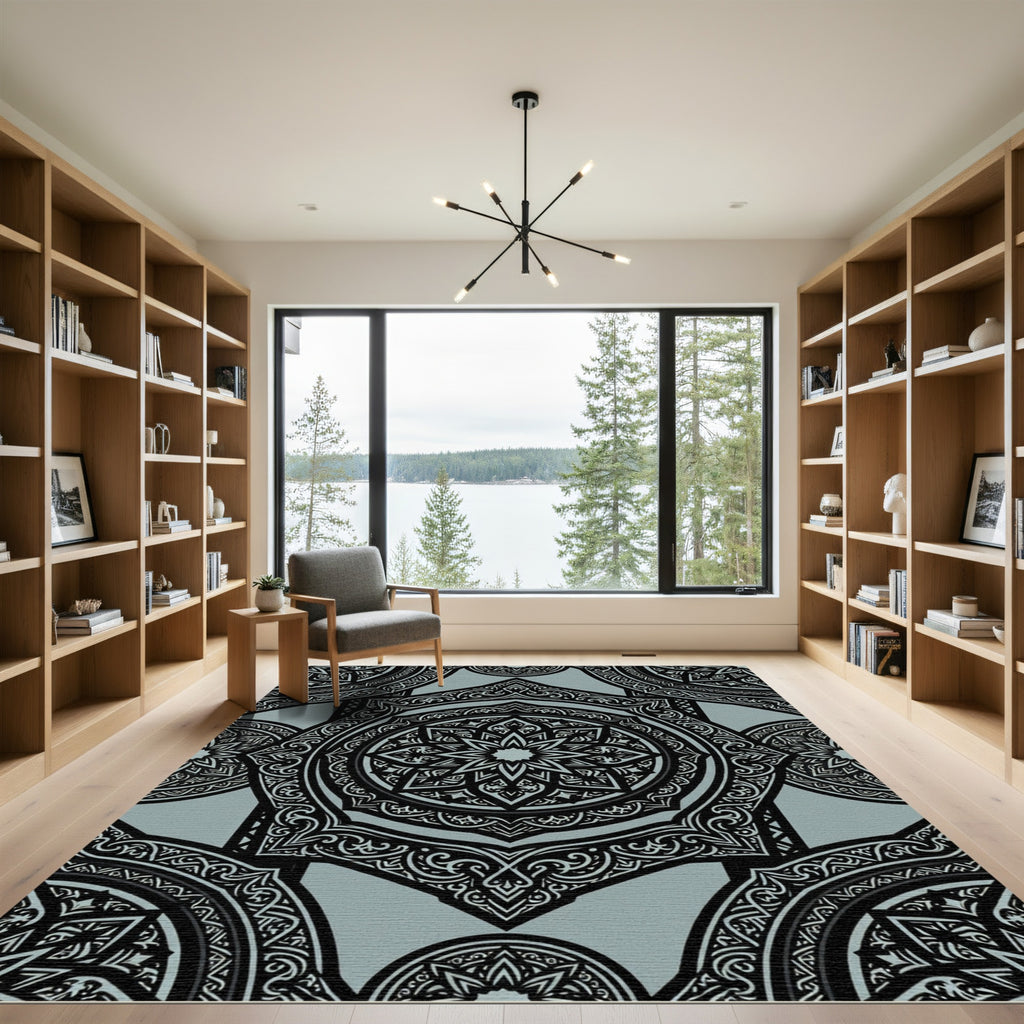 Elegant Sage Black Ornate Hexagonal Medallion Rug