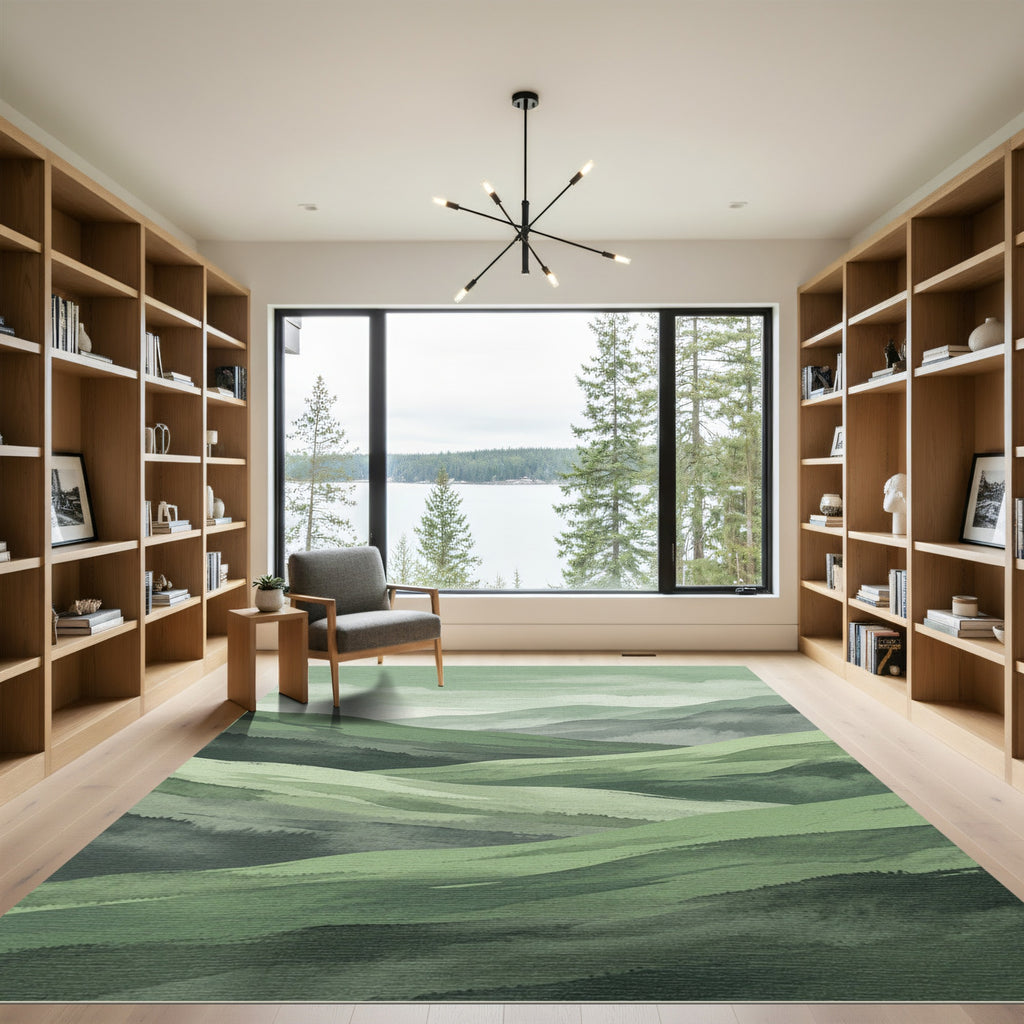Ethereal Sage Green Layered Mountain Landscape Rug