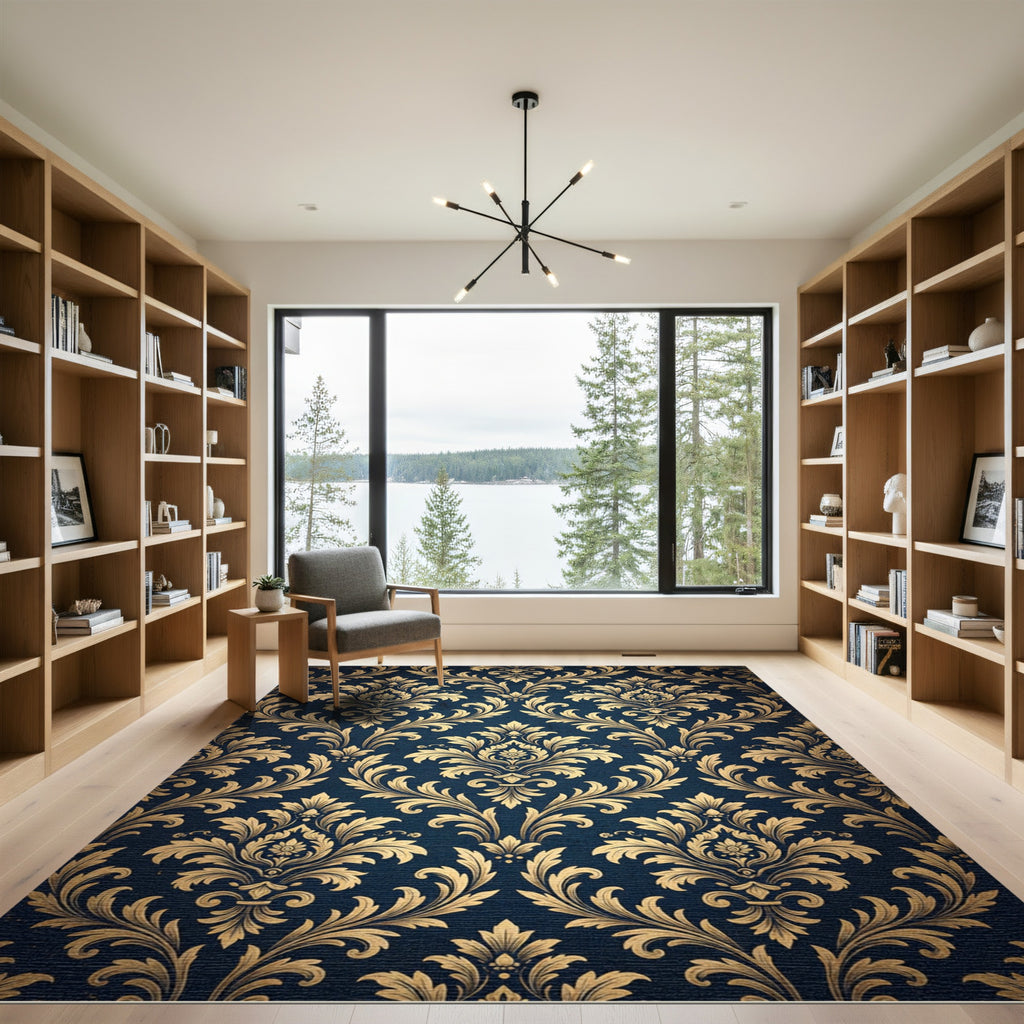 Elegant Navy Gold Damask Scroll Rug