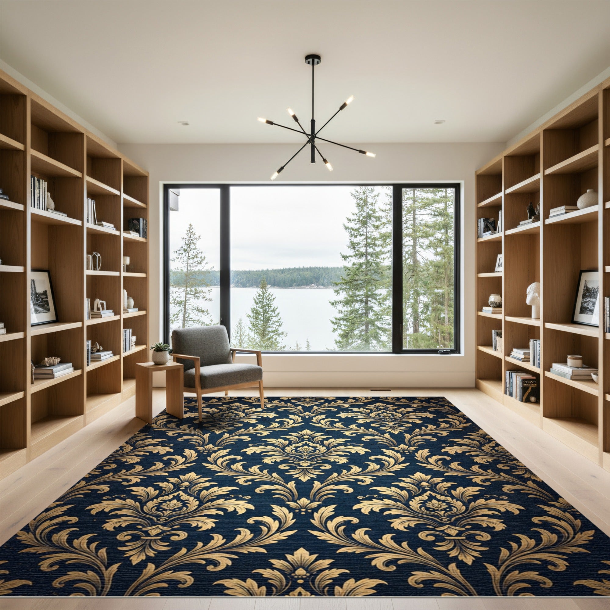 Elegant Navy Gold Damask Scroll Rug