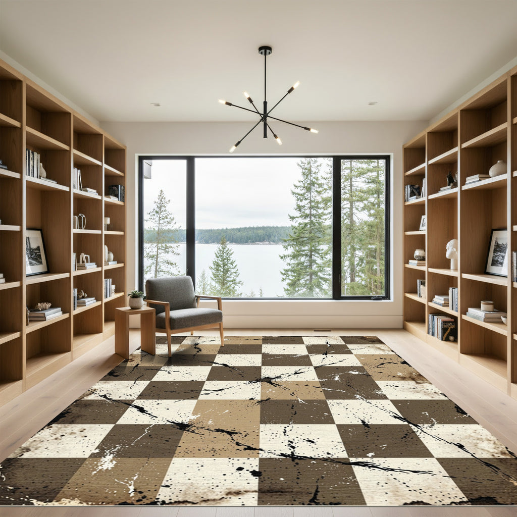 Distressed Earthy Checkered Grid Rug