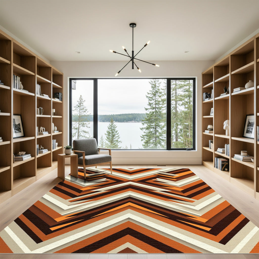 Retro Orange Brown Geometric Chevron Rug