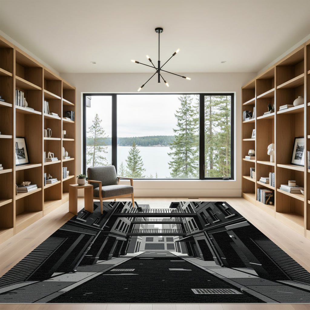 Monochromatic Cityscape Courtyard Aerial Bridge Rug