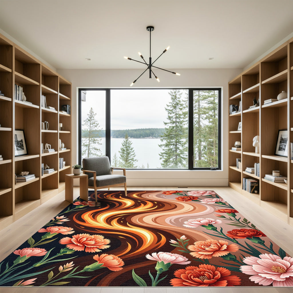 Fiery Waves with Coral Carnations Rug