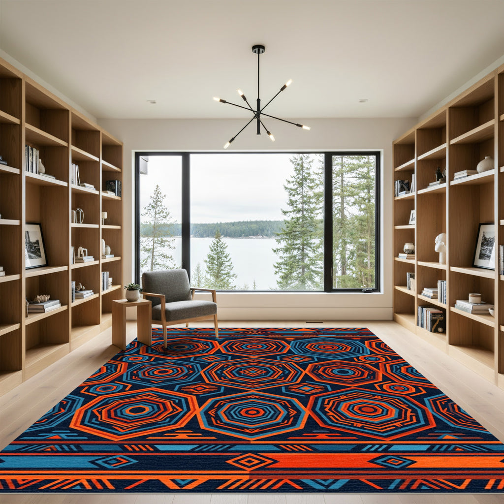 Vibrant Electric Blue Orange Hexagon Geometric Rug