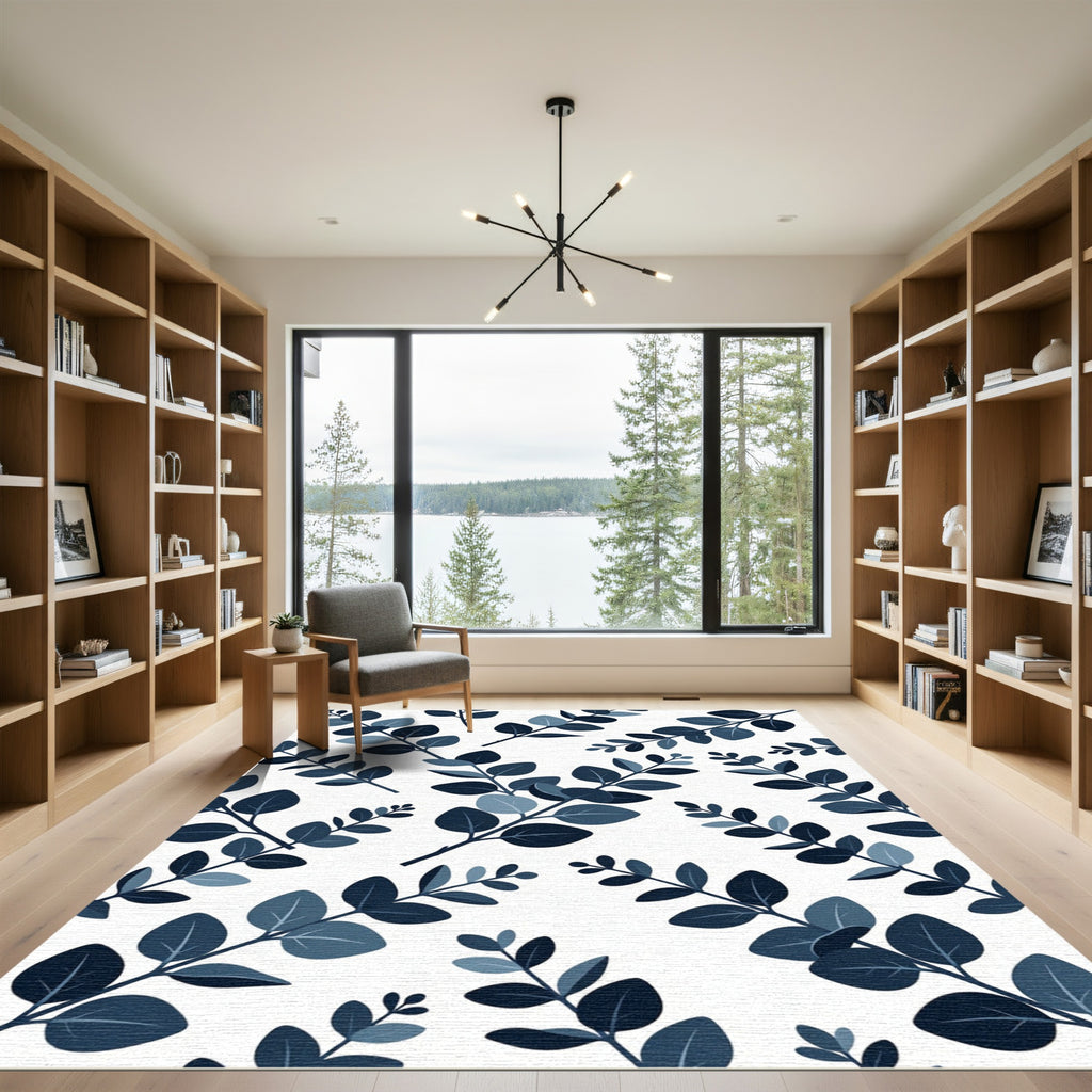 Navy Blue Leafy Branch Pattern Rug