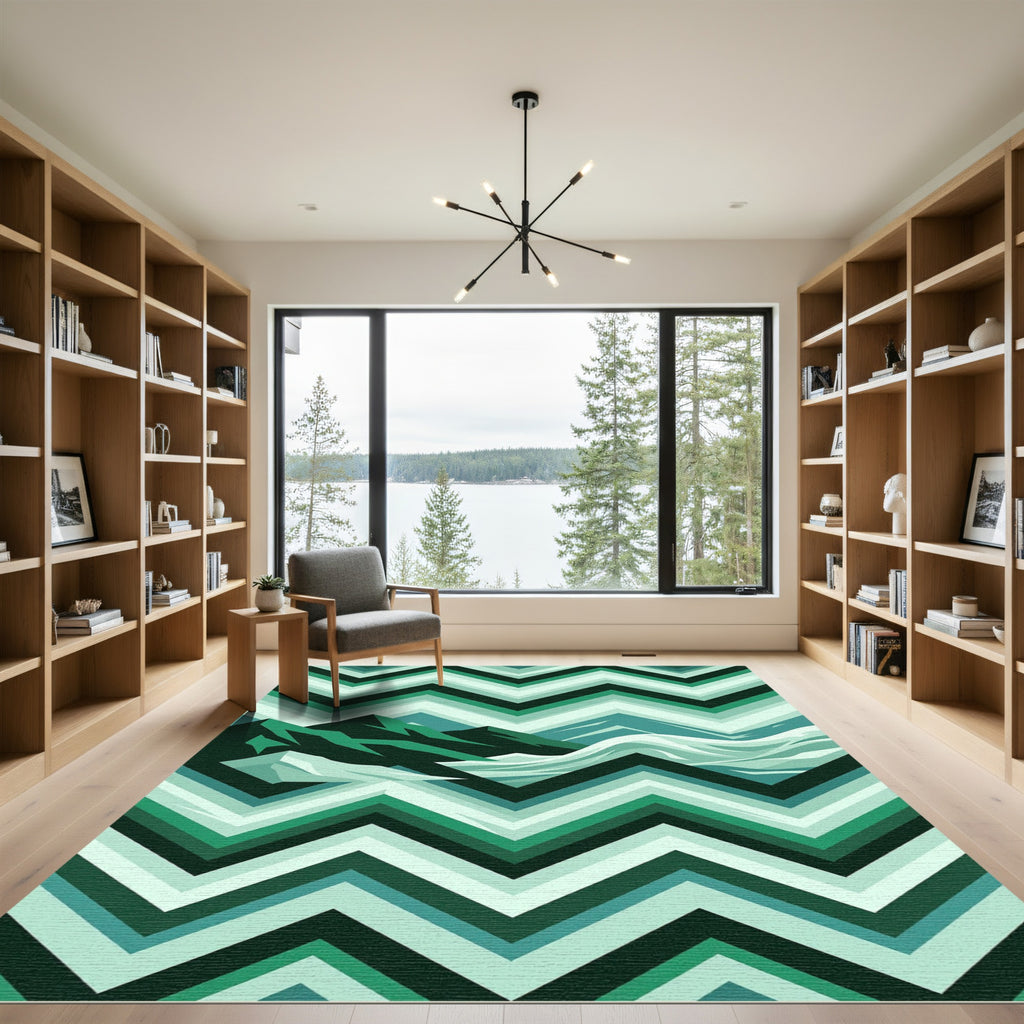 Geometric Teal Chevron Mountain Landscape Rug