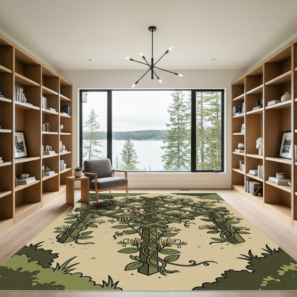 Olive Green Honeysuckle Trellis Art Rug