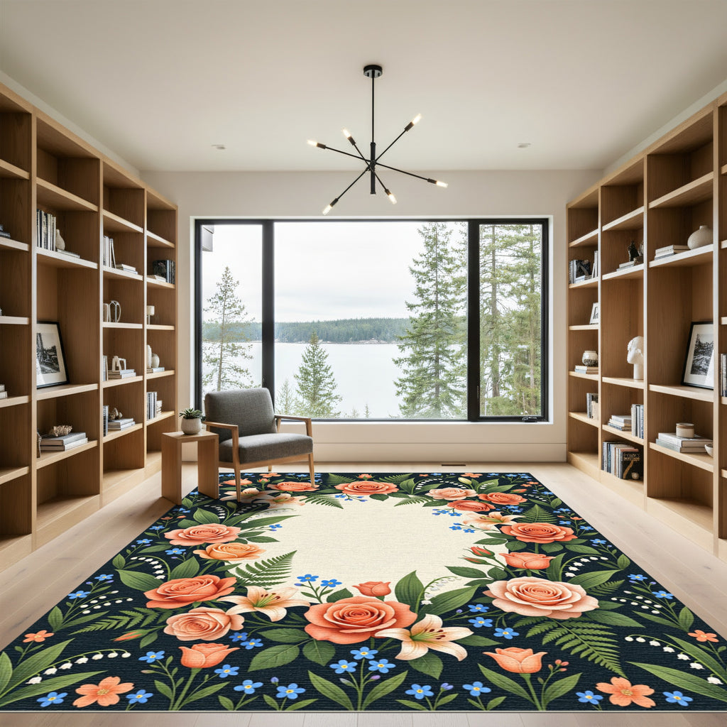 Coral Peach Floral Lily Garden Rug