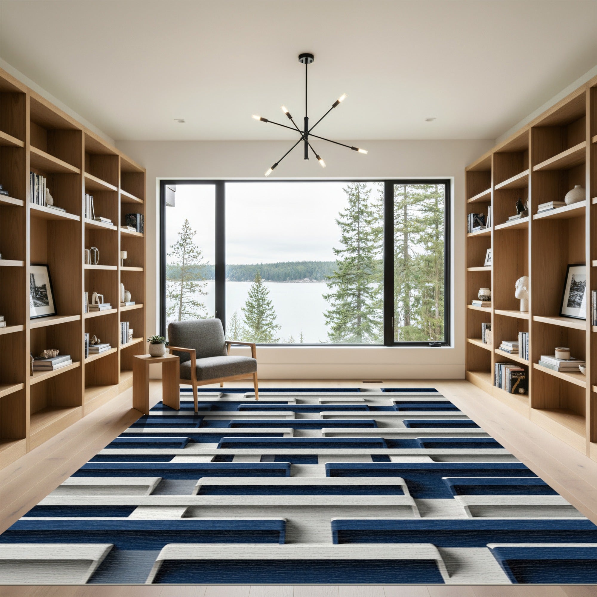Navy and White Geometric Layered Block Rug