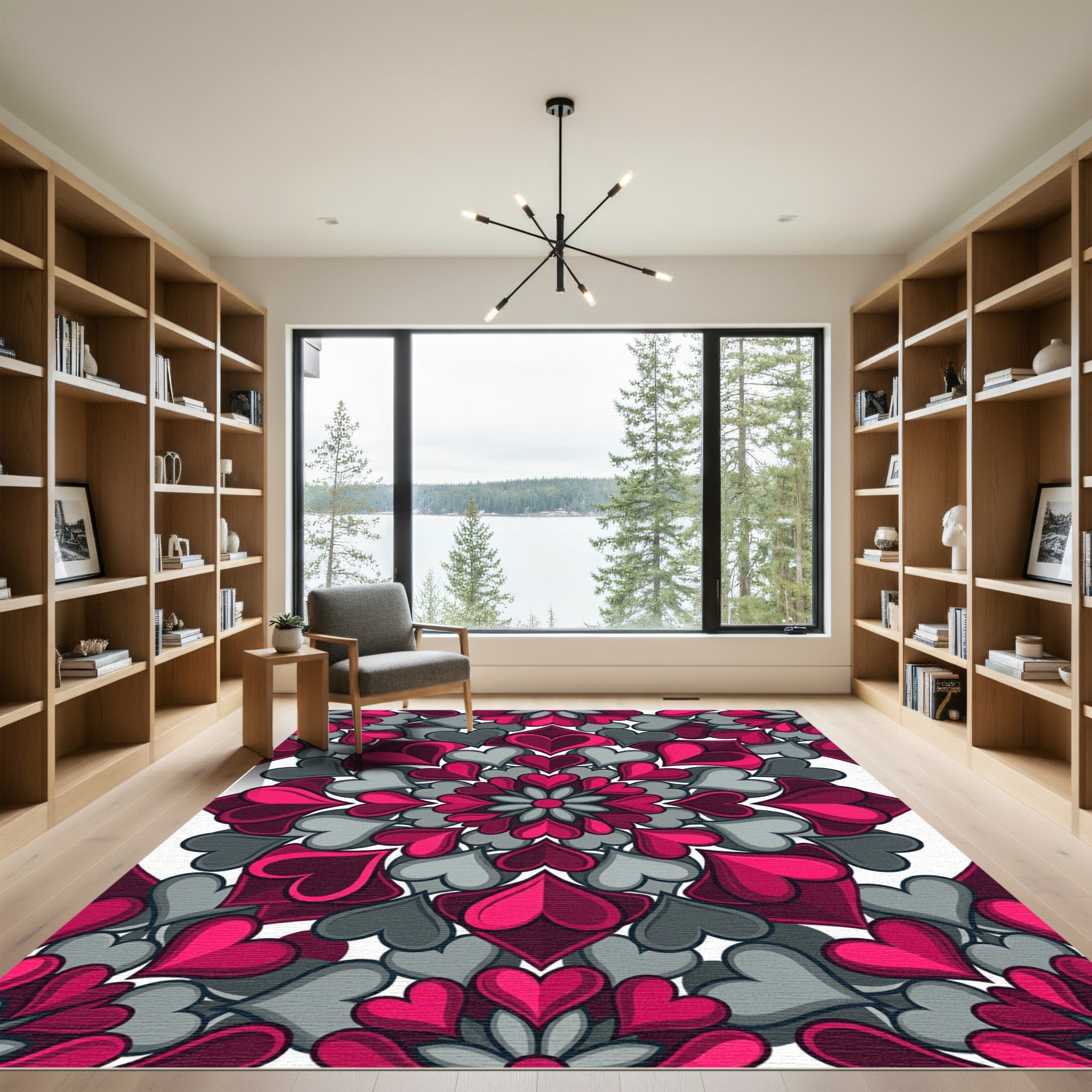 Vibrant Pink and Gray Heart Mandala Rug