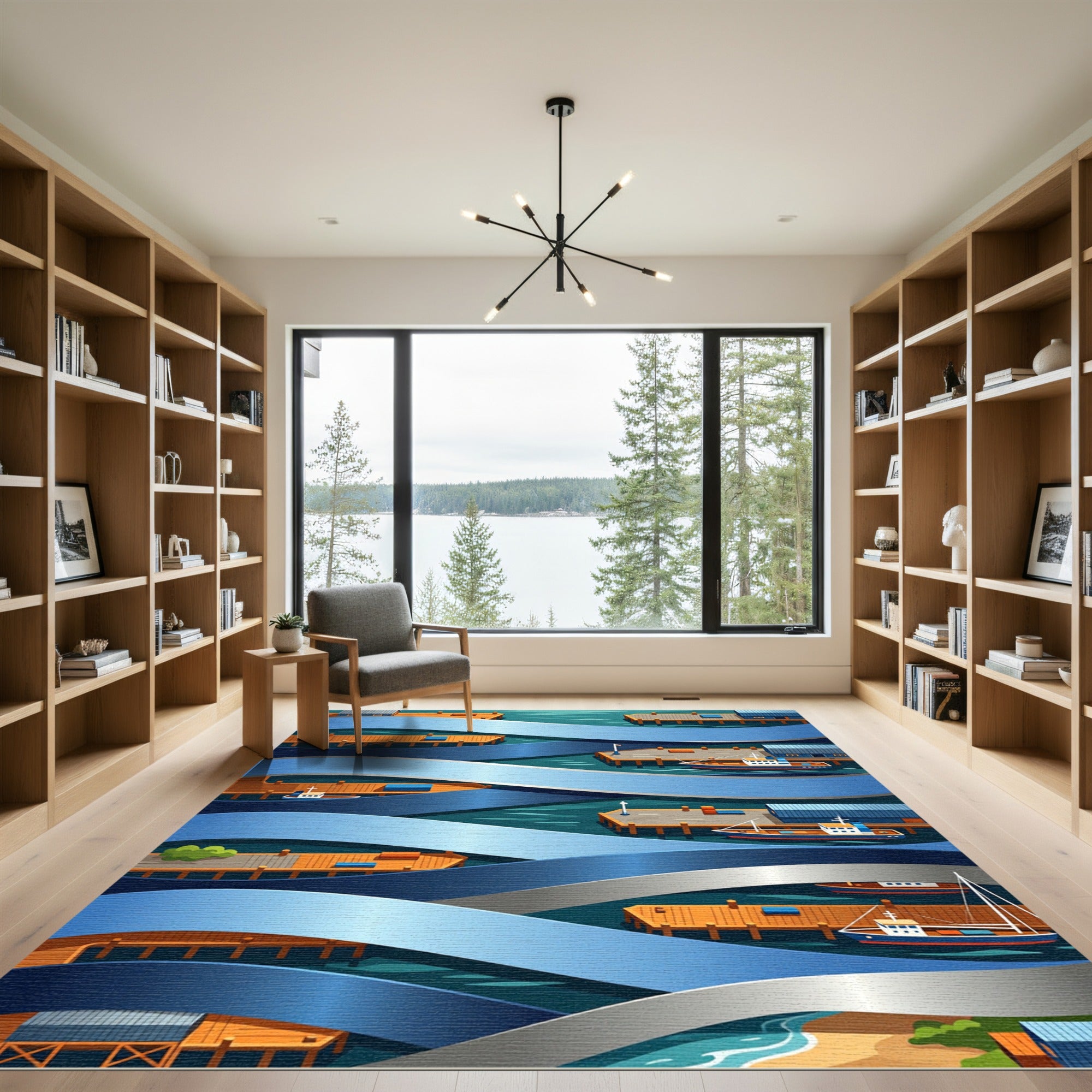 Isometric Blue Nautical Harbor Landscape Rug