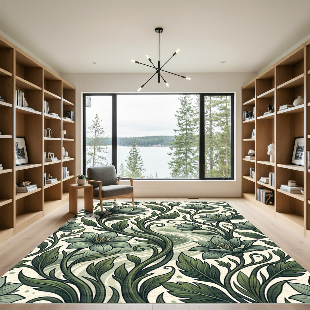 Sage Green Floral Vine Artwork Rug