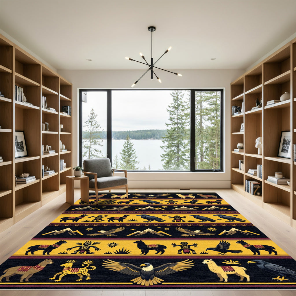 Golden Yellow Tribal Eagle Llama Raven Rug
