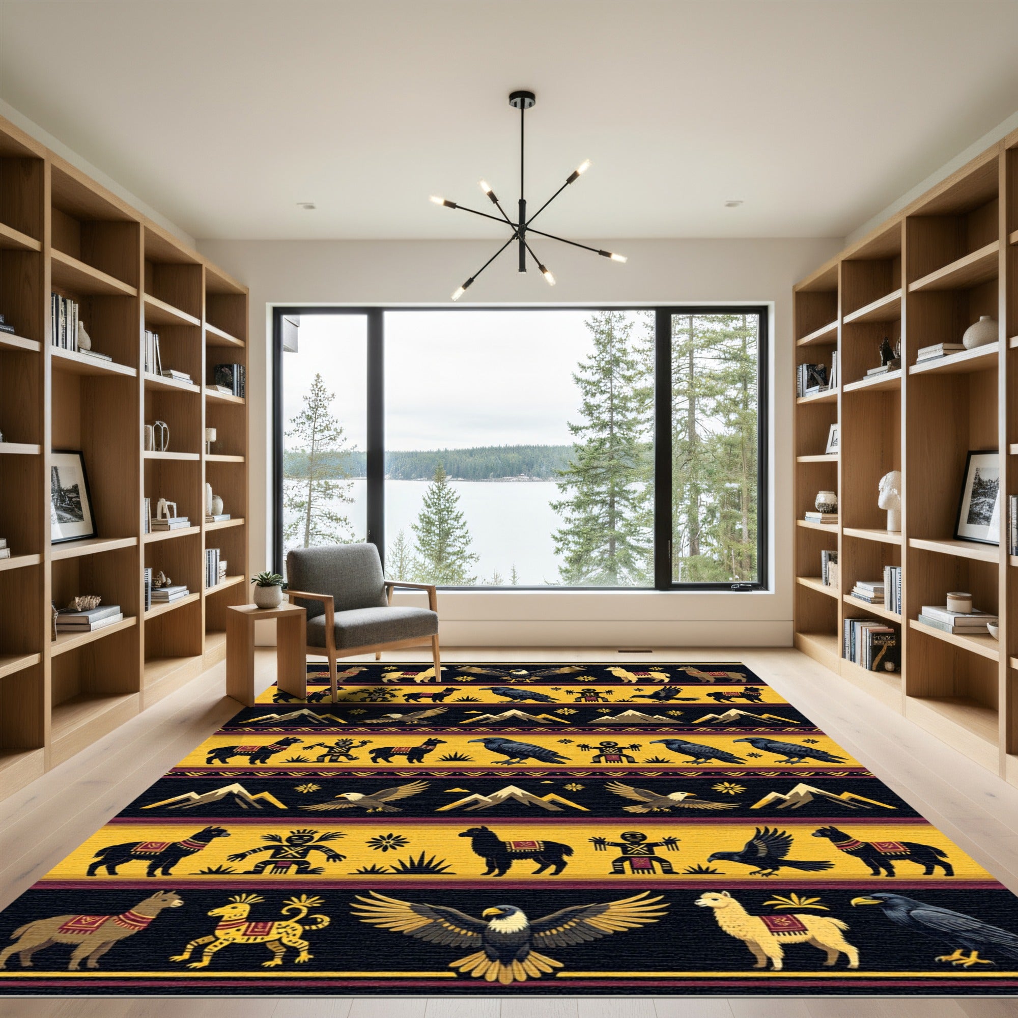Golden Yellow Tribal Eagle Llama Raven Rug