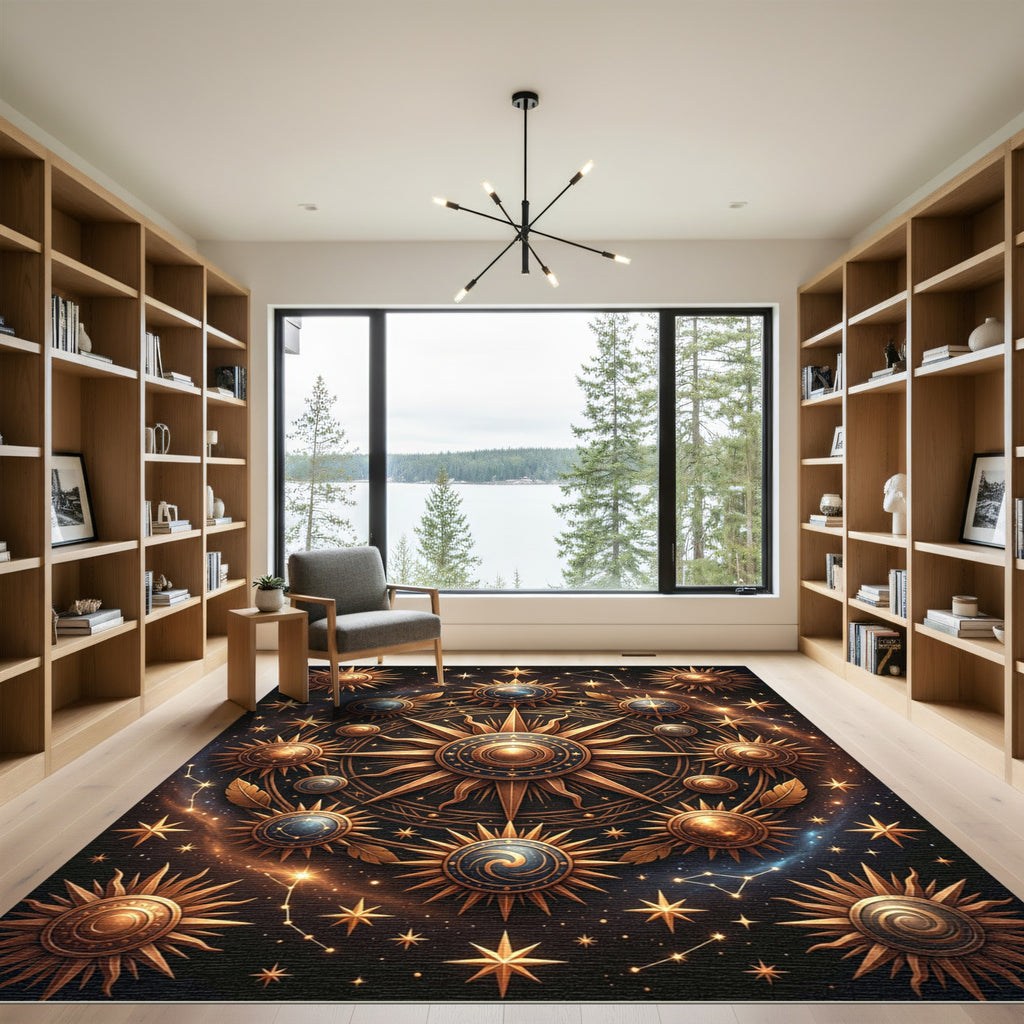 Celestial Gold Sunburst Astrology Medallion Rug