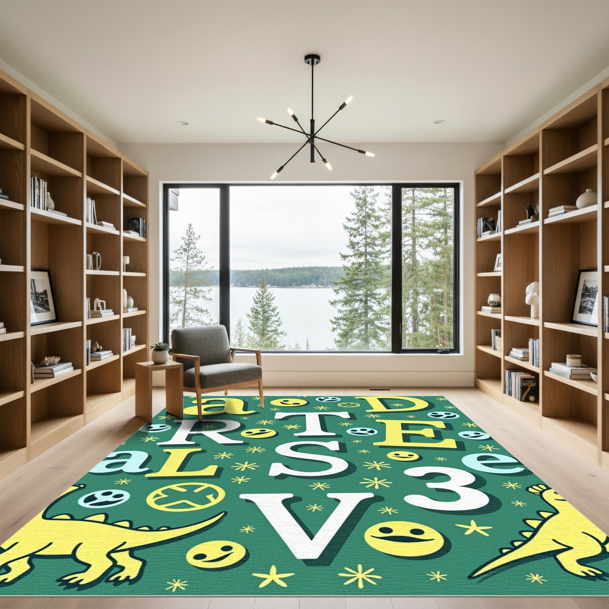Yellow Dinosaurs White Letters Green Rug