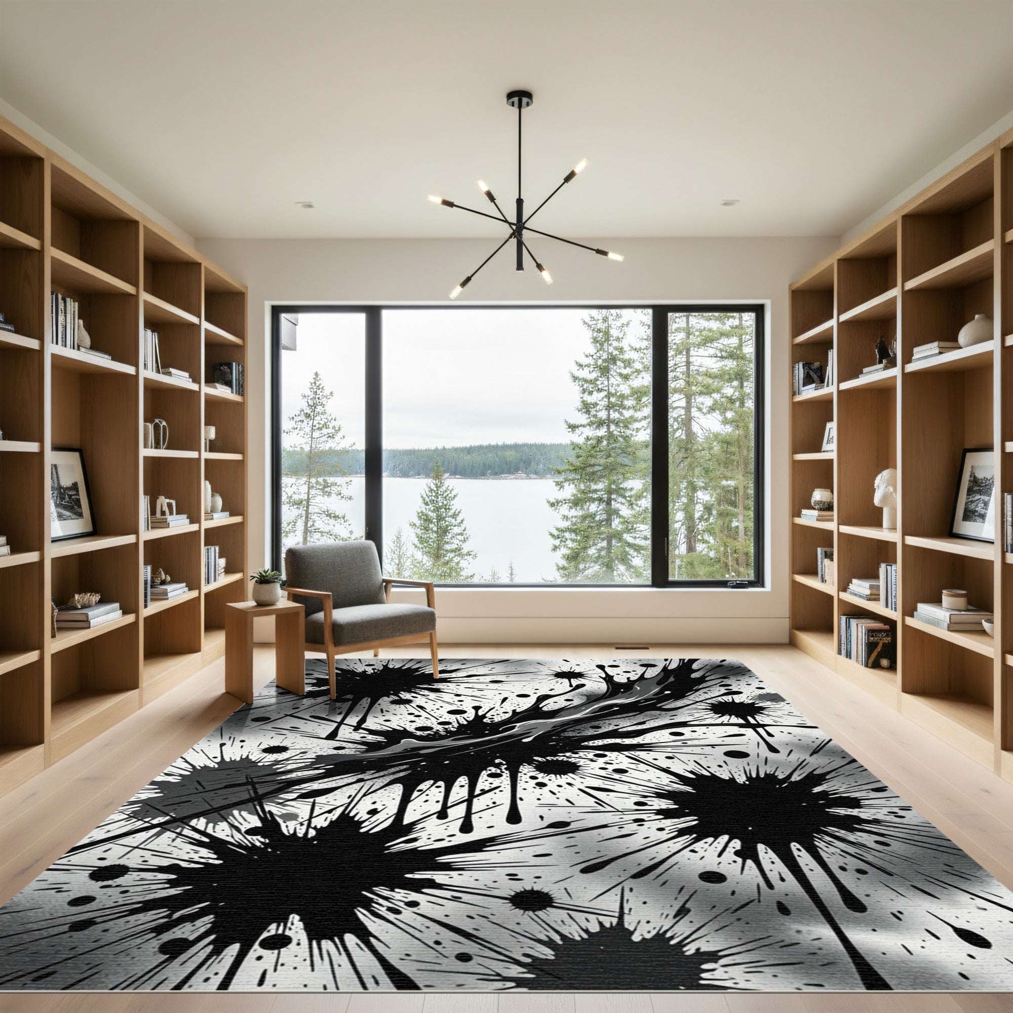 Monochromatic Abstract Black Ink Splatter Rug