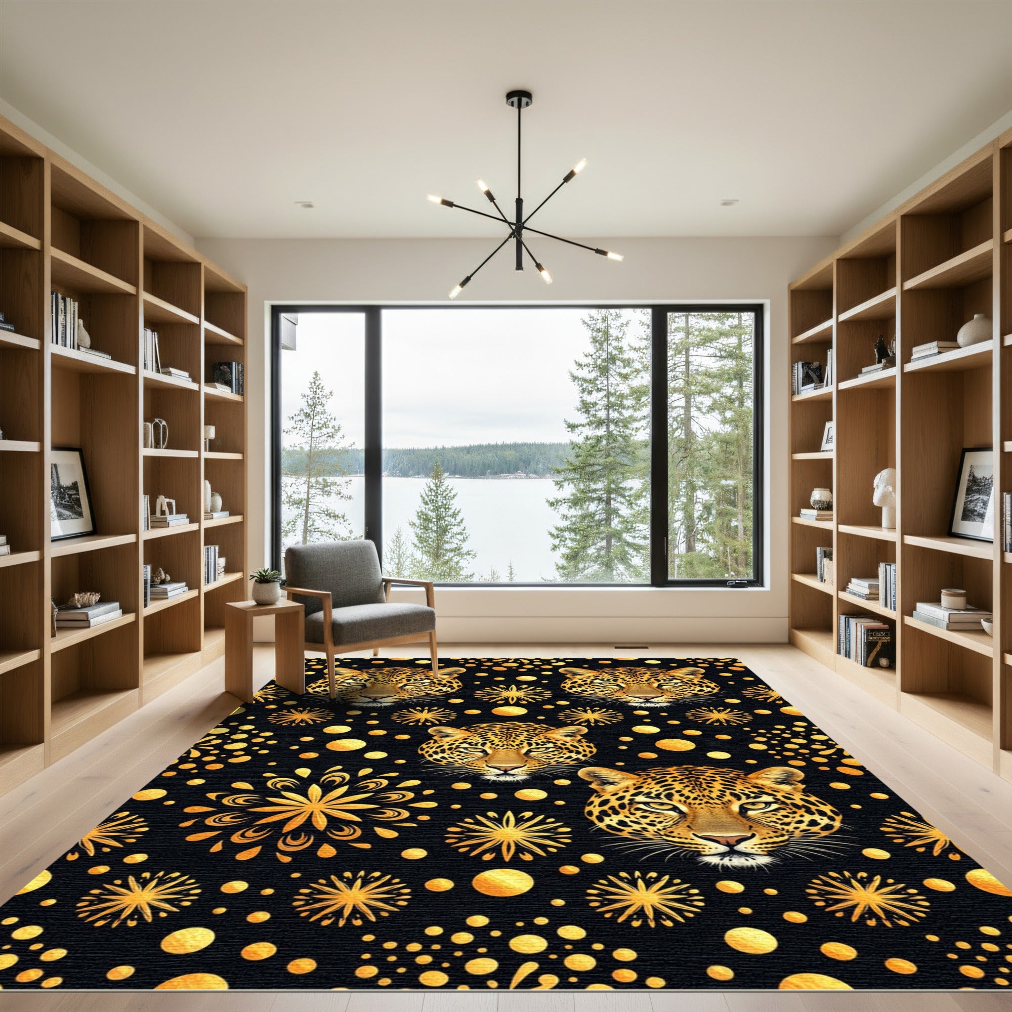 Golden Leopard Heads Fireworks Pattern Rug