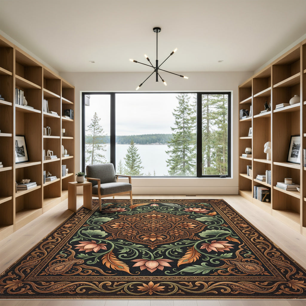 Ornate Bronze Lotus Floral Black Rug