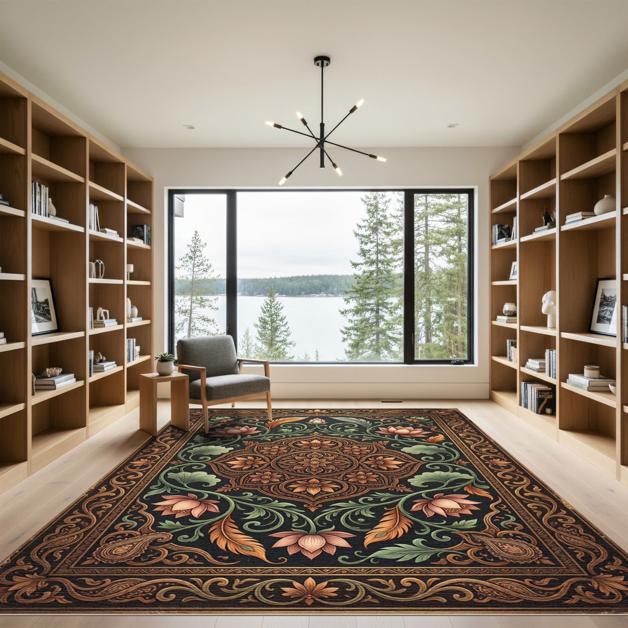 Ornate Bronze Lotus Floral Black Rug