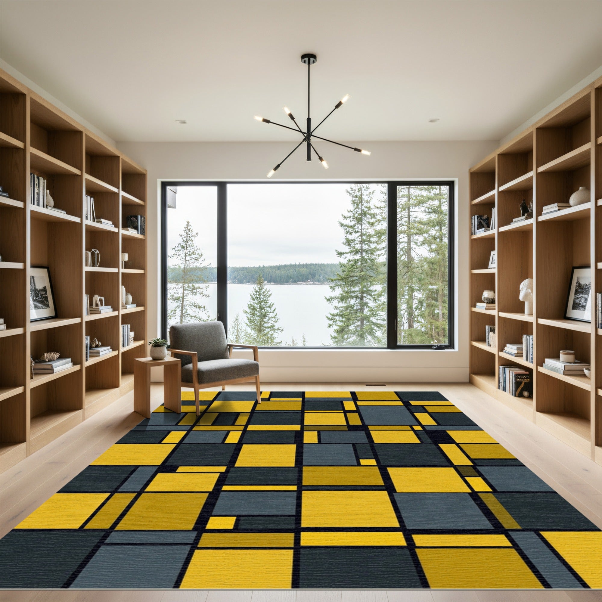 Modern Yellow Charcoal Geometric Blocks Rug
