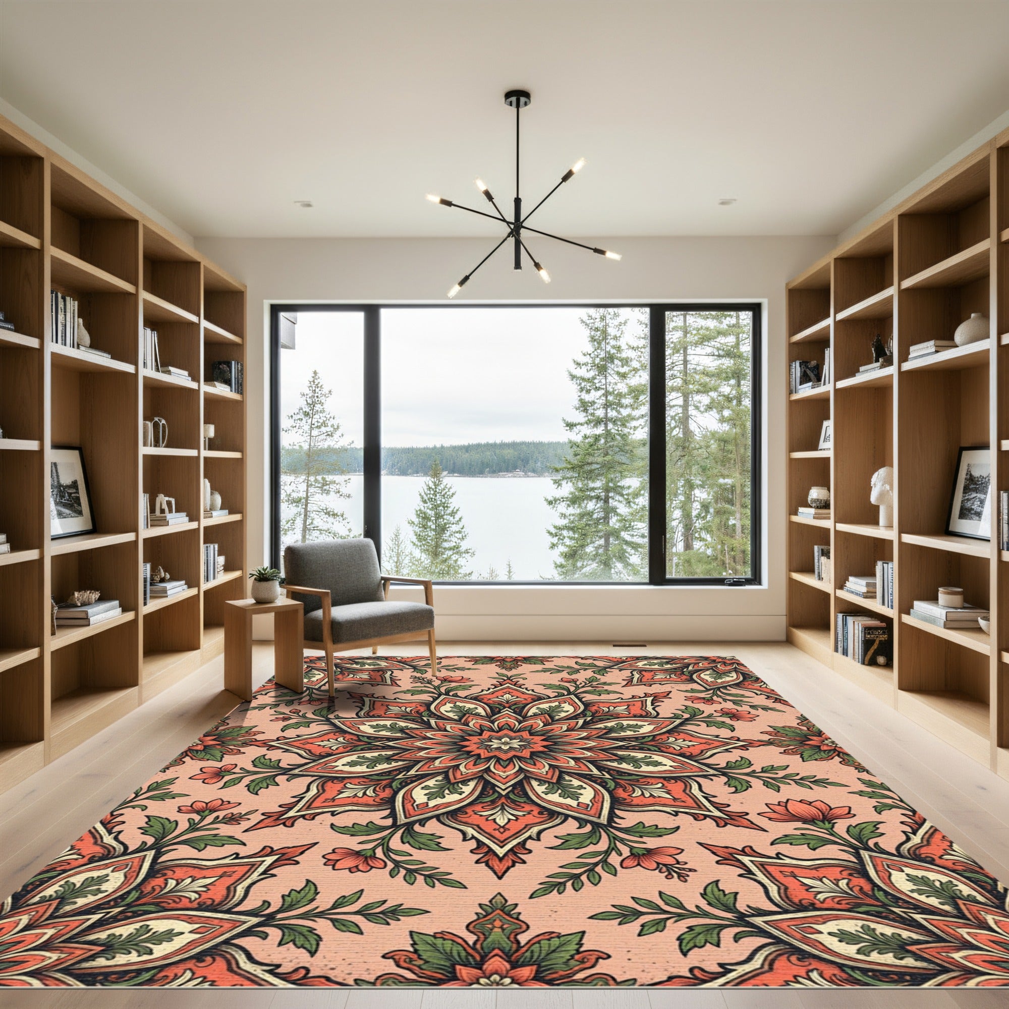 Coral And Green Floral Medallion Rug