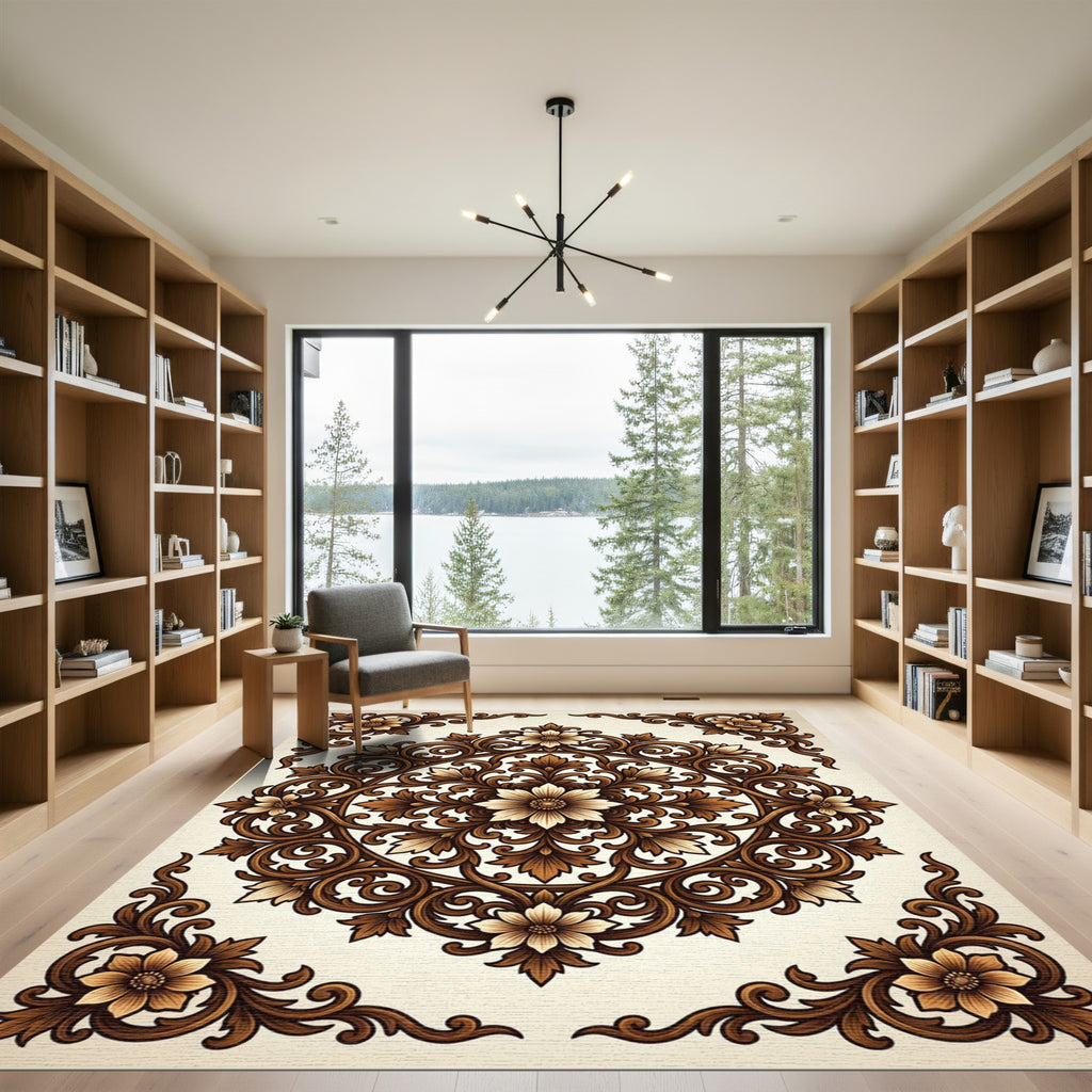 Elegant Brown Floral Filigree Medallion Rug