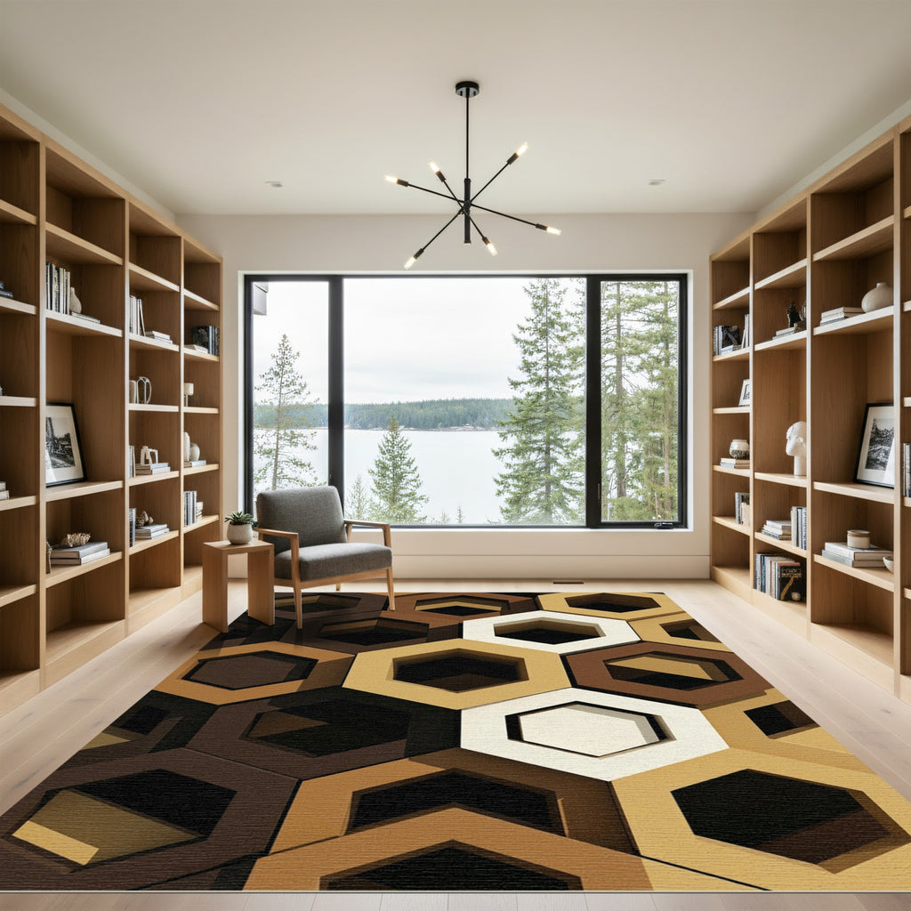 Brown Gold White Hexagonal Relief Rug