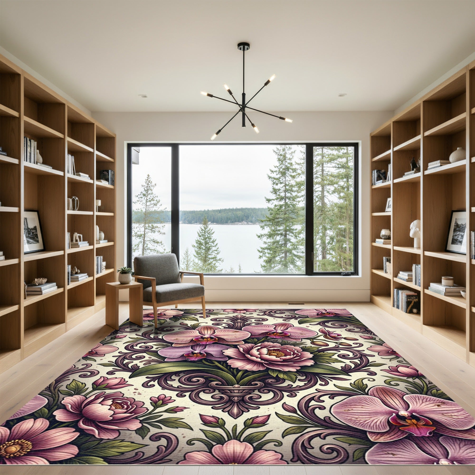 Ornate Romantic Orchid and Peony Scroll Rug