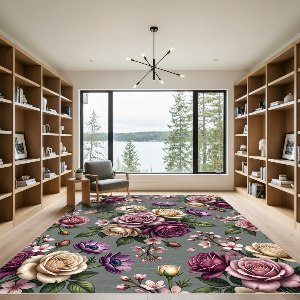 Rich Plum Rose Blossom Bouquet Rug