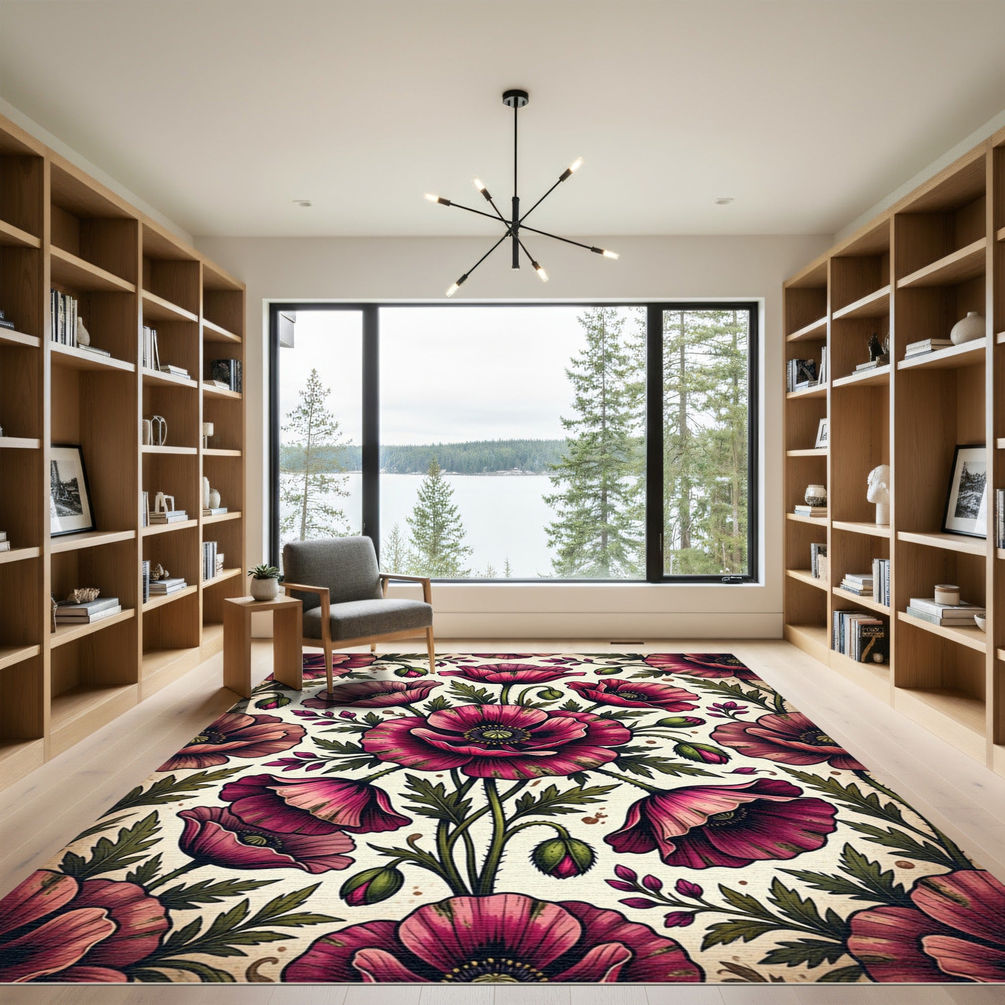 Vintage Crimson Poppy Botanical Art Rug