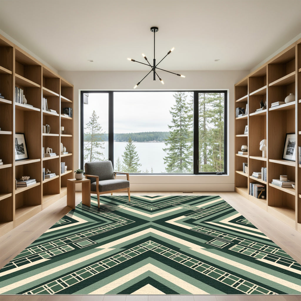 Geometric Forest Green Angular Grid Art Rug