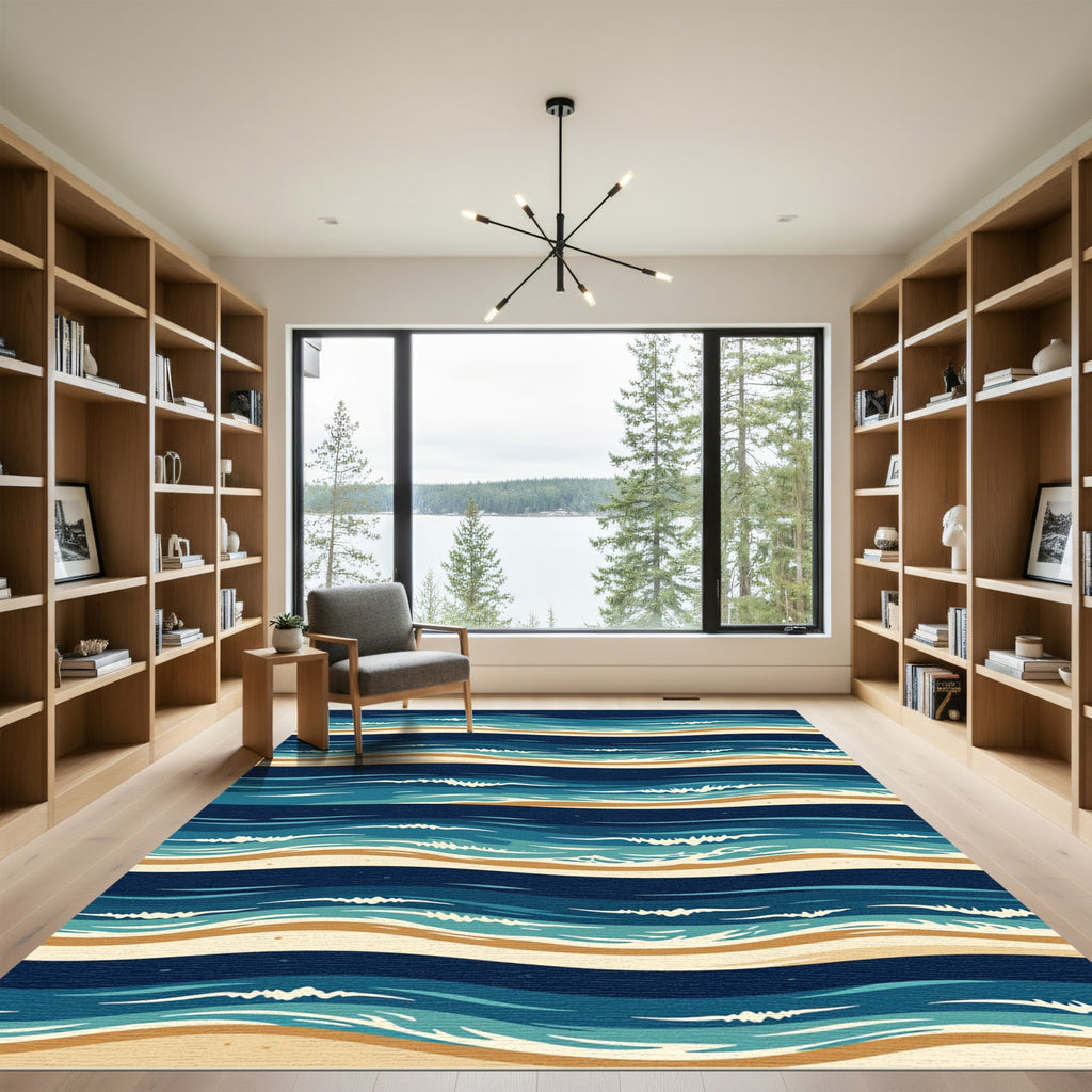 Coastal Azure Wavy Ocean Stripe Rug