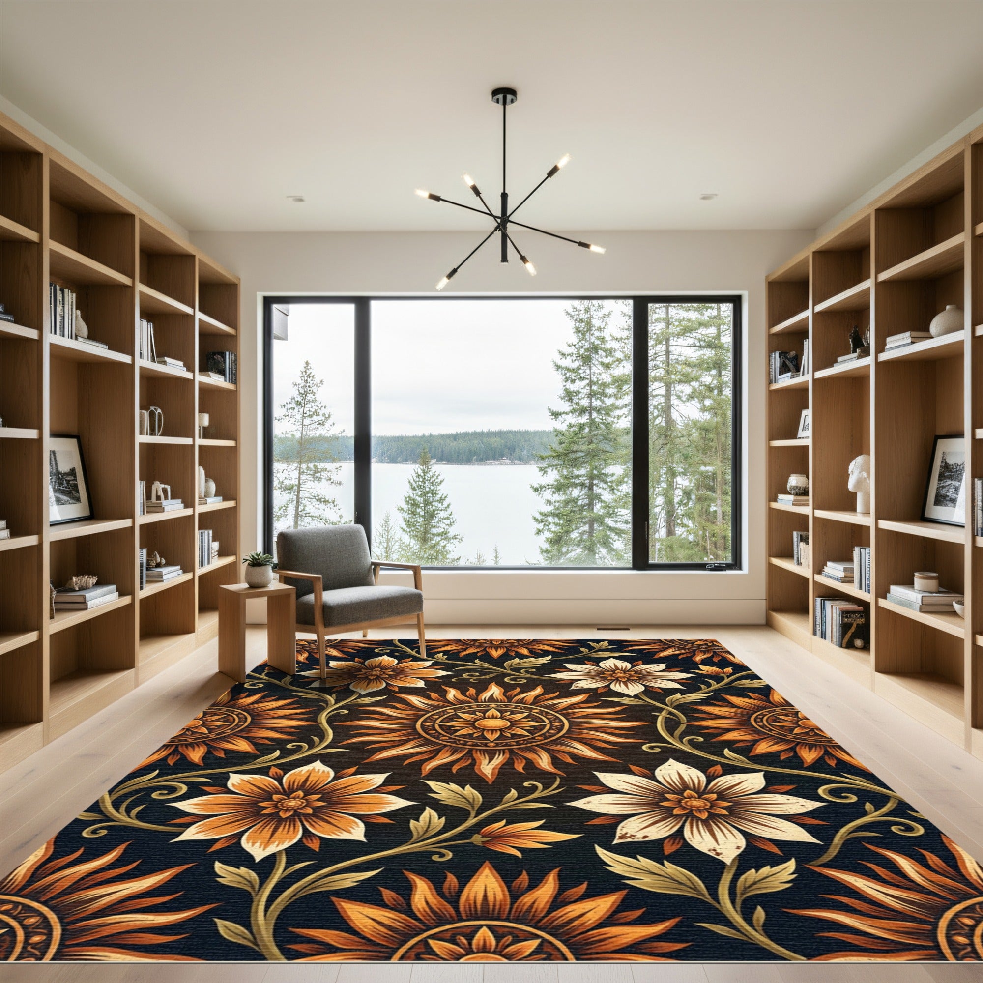 Golden Sunburst Floral Vine Medallion Rug
