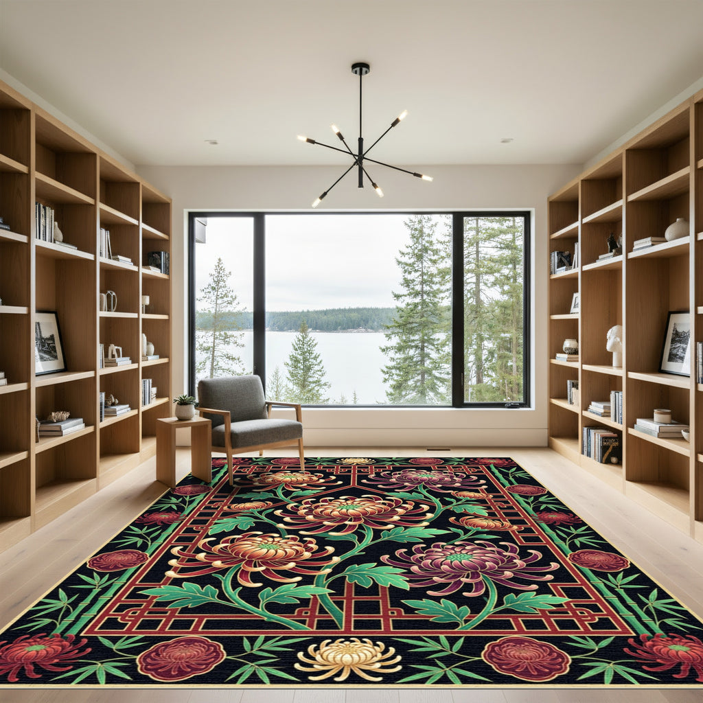 Elegant Crimson Chrysanthemum Bamboo Floral Art Rug